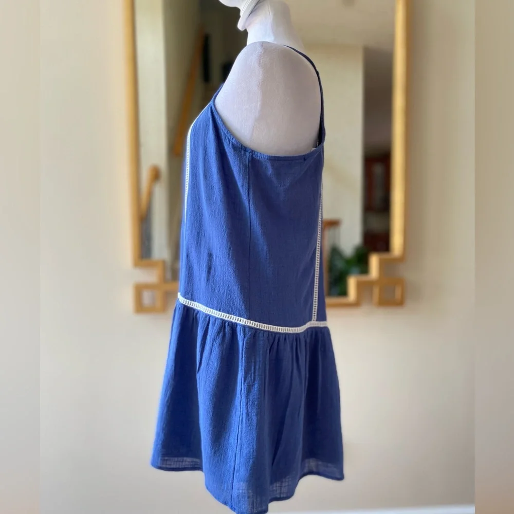 SAGE the Label Blue Halter Mini Dress White Ric Rac Trim Keyhole Neck Small - Picture 3 of 12